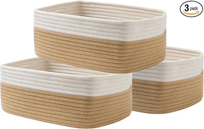 KALLAX Small Woven Basket, 13.5 x 9.5 x 5 Inches, Storage Basket for Organizing, Cute Small Rope Shelf Closet Cube Storage Bins Baskets for Shelves, Dog Toy Gift Baskets Empty, 3 Pack White & Brown-CubbioJoy