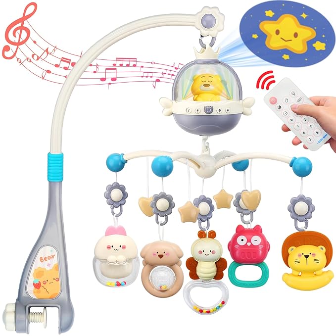 Baby Crib Mobile with Night Lights and Music,Hanging Mobile for Crib Bassinet with Rotation, Projection,Remote Control,Babies Crib Toys for Nursery Newborn Infant Boys Girls (Gray)-CubbioJoy