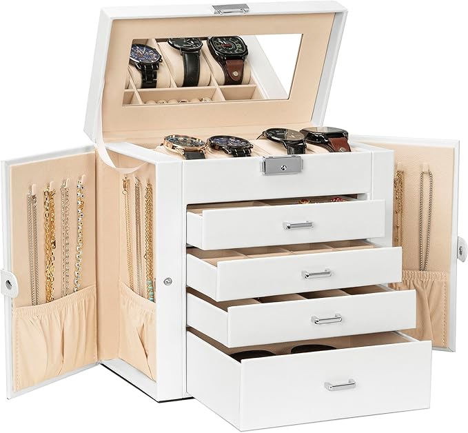 AKOZLIN 5-Tier Jewelry Box Lockable Leather Jewelry Storage Case with 4 Drawers for Women Girls Ring Necklace Earring Bracelet Watches Holder Organizer with Mirror-CubbioJoy