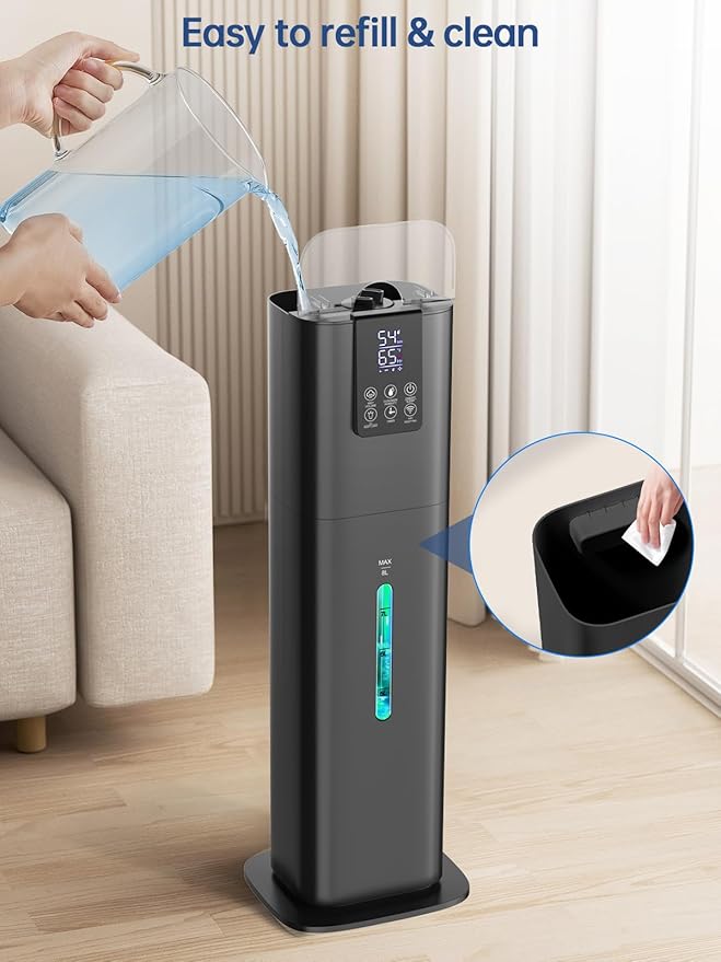 8L Smart Humidifiers for Bedroom Large Room, 2.1Gal Cool Mist Top Fill Diffuser Ambient Light, App & Remote Control, 3 Mist Modes, Quiet Humidifier for Home Office Plant (Black)-CubbioJoy