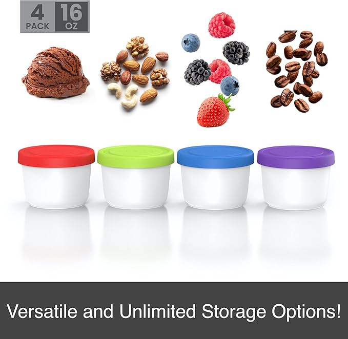 BALCI - 16oz Ice Cream Containers with Silicone Lids (Set of 4) - 1 Pint Each Freezer Food Storage Containers, Reusable, LeakProof, For Homemade IceCream Containers - Blue, Red, Green, Purple-CubbioJoy