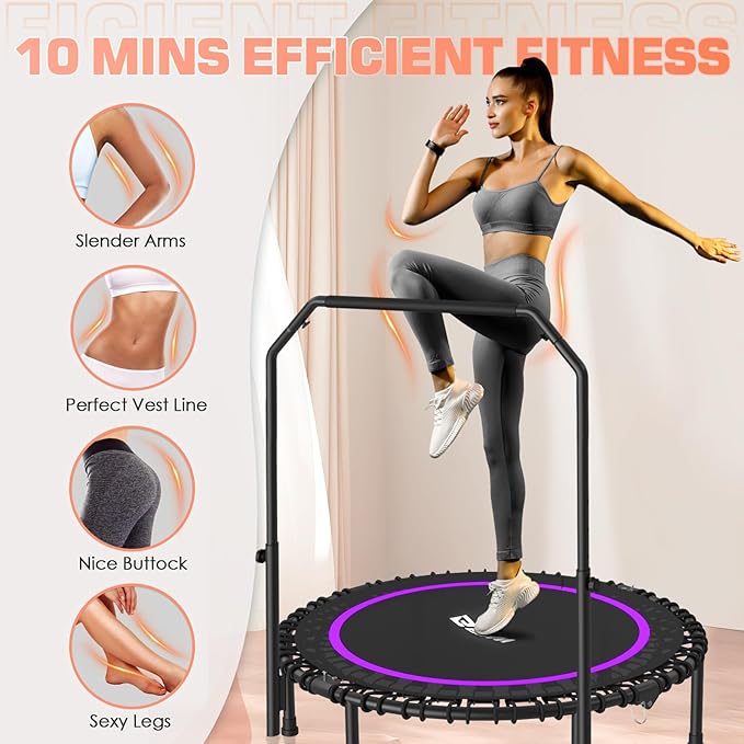 BCAN 40"/48" Mini Rebounder Trampoline for Adults with Bar, 450/550LBS Fitness Trampoline with Bungees, Adjustable Handle, Stable & Quiet, Indoor Outdoor, Whole-Body Workout & Relaxation at Home-CubbioJoy