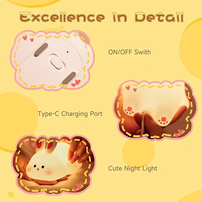 Big Face Rabbit Night Light, Adorable LED Bunny Night Lamp, Silicone Dimmable Nursery Nightlight for Girls, Silicone Rechargeable Bedside Touch Night Lights for Easter Decor-CubbioJoy