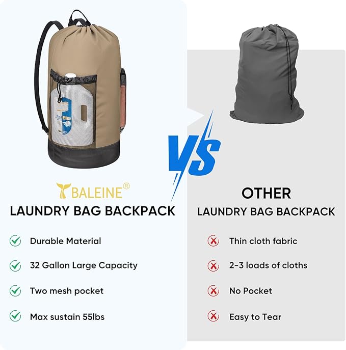 BALEINE 150L Laundry Bag Backpack, 900D Oxford Fabric Large Travel Laundry Bags with Shoulder Straps and 2 Mesh Pockets for College Dorm, Apartment, Laundromat (Khaki, 150L)-CubbioJoy