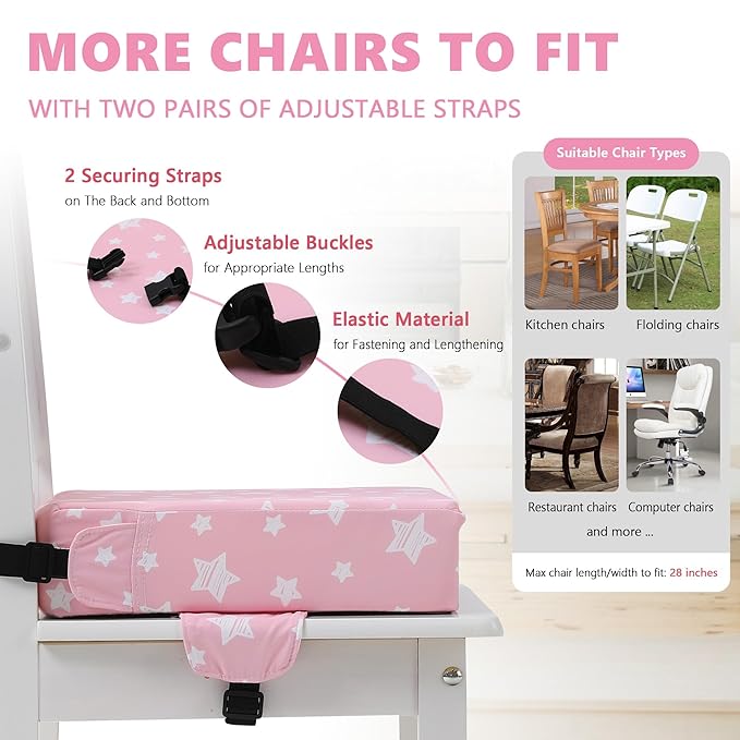 Booster Seat for Kitchen Chair with Adjustable Straps, Toddler Booster Seats for Dining Table Portable for Travel Camping Eating, Booster Cushion for Table for Baby Child Infant Kid Boy Girl-CubbioJoy