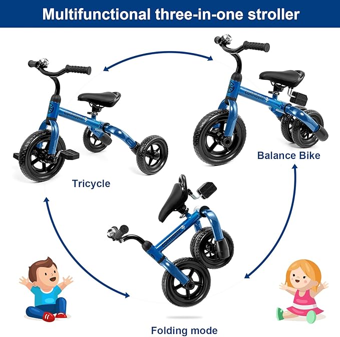 Ancaixin 3 in 1 Toddler Tricycles for 2-5 Years Old Boys and Girls with Detachable Pedal and Bell, Foldable Baby Balance Bike Riding Toys for 2+ Kids, Child Birthday Christmas New Year Gift Blue-CubbioJoy