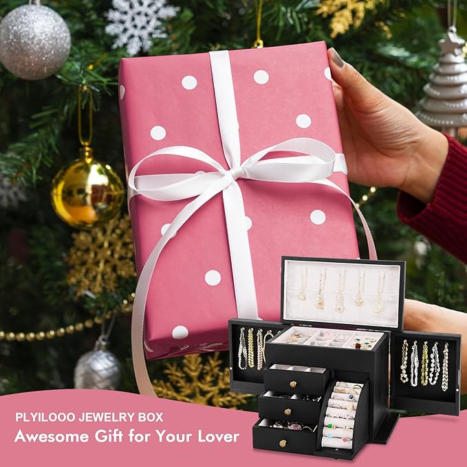 Jewelry Box Organizer, Solid Wood Jewelry Boxes for Women, Double Layer Jewelry Organizer Box Display Earring Necklace Bracelet Ring, Rustic Style Small Jewelry Box for Girls (Black)-CubbioJoy