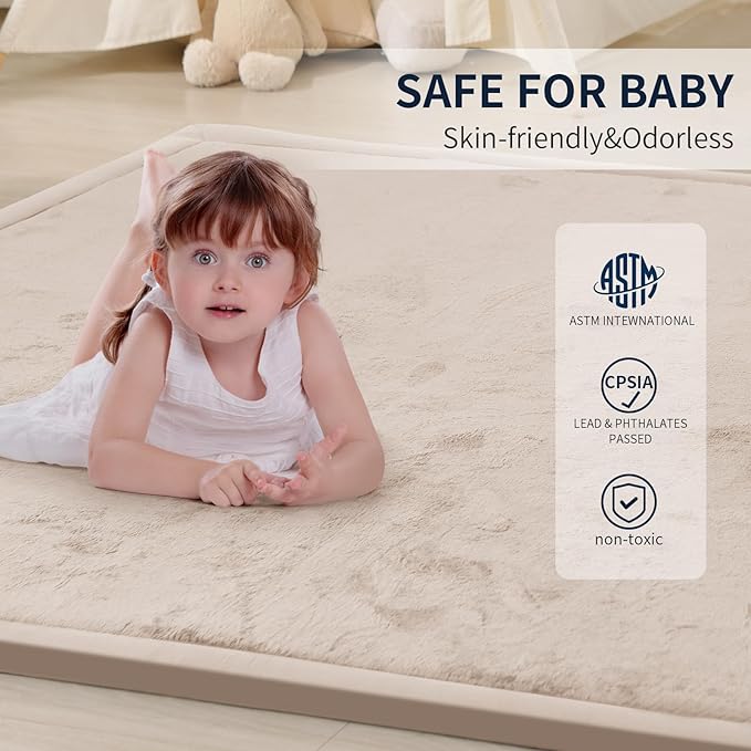 ACOMOPACK Baby Play Mat for Floor 1.3" Thick Memory Foam Play Mat 71"×79" Tummy Time Crawling with Non-Slip Bottom for Living Room,Nursery,Soft Velvet Playpen Mats for Kids,Infants（Beige）-CubbioJoy
