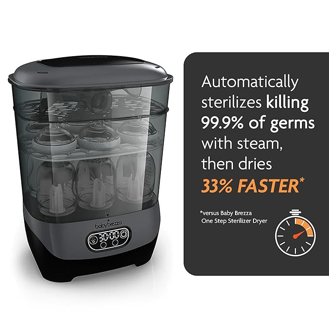 Baby Brezza Bottle Sterilizer and Dryer Advanced – 33% Faster - Largest Capacity Steam Sanitizer - Universal Sterilization Machine for All Bottles + Pump Parts - HEPA Air Filter, Charcoal-CubbioJoy