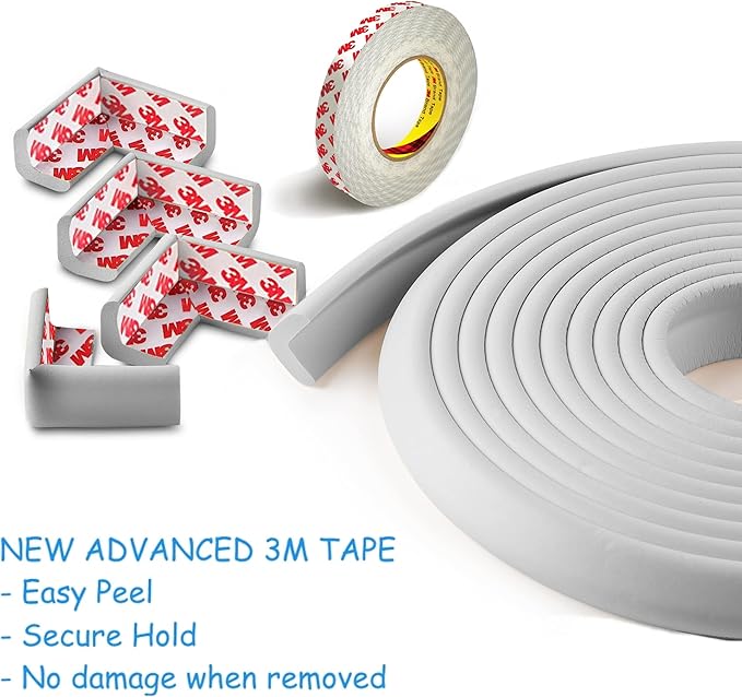 Baby Proof Corners 20.4ft and Edges with Furniture Corner & Edge Safety Bumpers, Impact-Absorbent 18ft Bumper & 8 Foam Corner Protectors, Thick, Odorless Table Edge Protectors for Baby | Grey-CubbioJoy