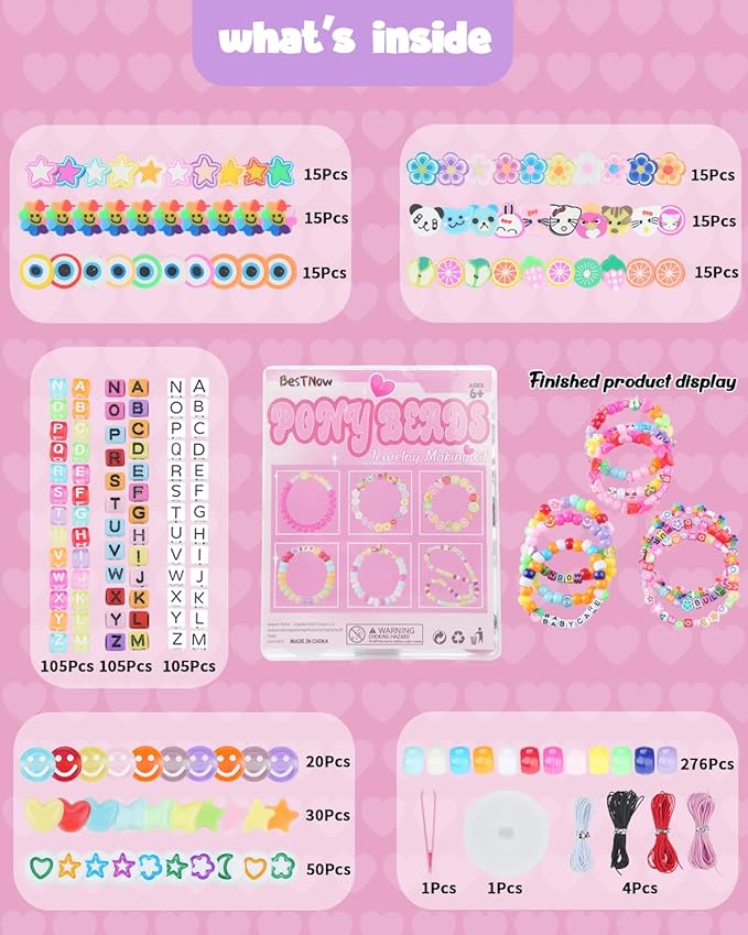 BestNow Bracelet Making Kit Beads for Bracelets Pony Beads Polymer Clay Beads Smile Face Beads Letter Beads for Jewelry Making DIY Arts and Crafts Gifts Toys for Girls Age 6-12-CubbioJoy