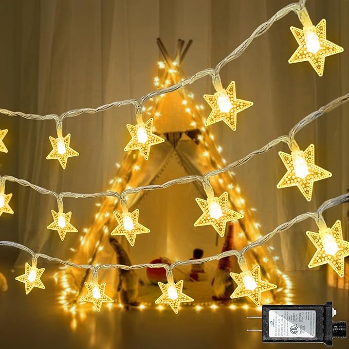 120 LED 40FT Star String Lights, 8 Modes Plug in Star Lights with Timer & Memory, Indoor Outdoor Christmas Twinkle Light for Birthday Party Bedroom Wedding Home Classrom Decor Warm White-CubbioJoy