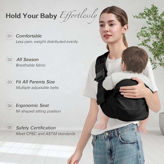 Baby Sling Carrier, Toddler Carrier Sling with Double Safety Buckle and Adjustable Shoulder Strap(7-30lbs), Baby Carriers One Size Fits All, Black-CubbioJoy