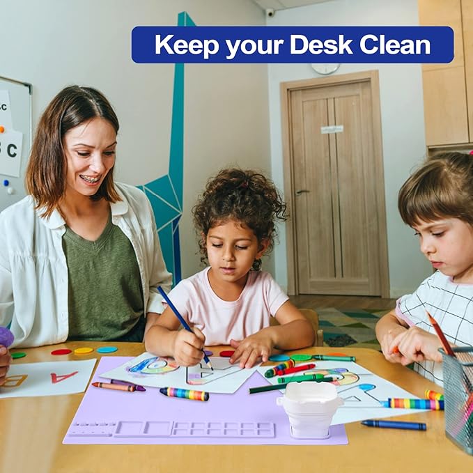 AWOKE Silicone Painting Mat - 20"X16" Silicone Art Mat with 1 Water Cup for Kids - Craft Mat has12 Color Dividers - 2 Paint Dividers (Purple)-CubbioJoy