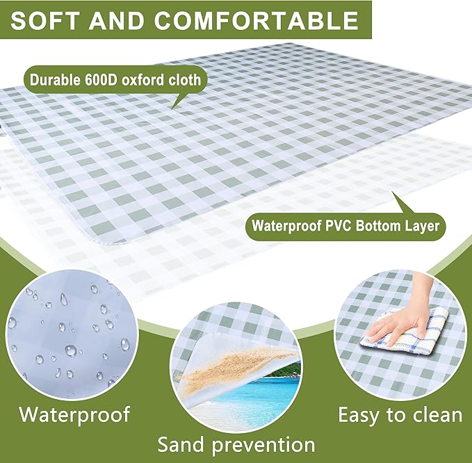 80"x60" Waterproof Sandproof Picnic Mat - Portable Foldable Outdoor Blanket for Beach, Park, Travel & Indoor Use - Lightweight Compact Design, Easy-Carry (Green&White)-CubbioJoy