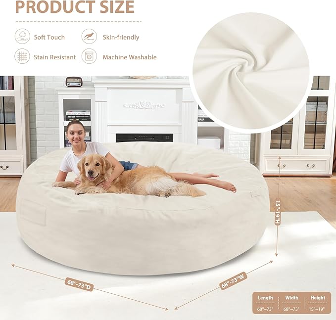 7FT Bean Bag Chair, Large Bean Bag Chairs with Memory Foam Filled, Fluffy Beanbag Sofa with Dutch Velvet Cover, Round BeanBag Chairs for Living Room, Playroom - Beige-CubbioJoy