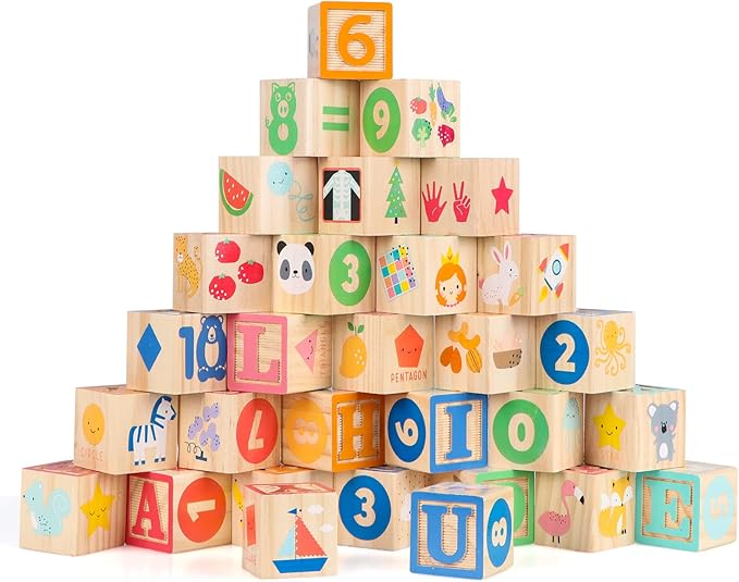 Joqutoys Wooden Building Blocks for Toddlers 1-3, Large Wood Baby Stacking Blocks Set for Kids, 30 PCS Alphabet Blocks with Toy Wagon, Educational Wooden Toys for Boys Girls Gifts 1.65"-CubbioJoy