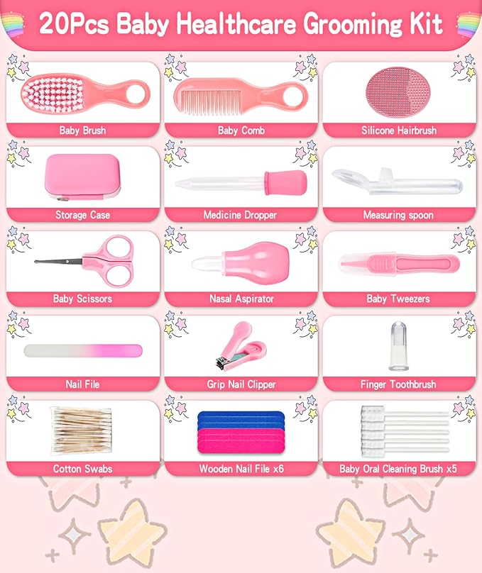 Baby Grooming and Healthcare Kit, Portable Baby Safety Care Set with Hair Brush Comb Nail Clipper Nasal Aspirator for Nursery Newborn Infant Girl Boy (25 in 1 Pink)-CubbioJoy