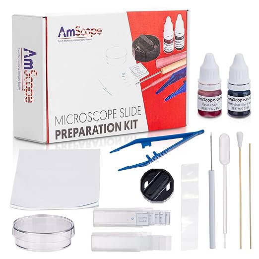 AmScope Microscope Slide Preparation Kit - Includes Blank Microscope Slides, Eosin Red & Methylene Blue Stain Powders, Tweezers, Swab & More - 22-Piece Kit-CubbioJoy