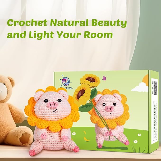 Crochet Kit for Beginners, Crochet Kit w Step-by-Step Video Tutorials, Crochet Starter Kit Learn to Crochet Kits for Adults Kids Beginners, Crochet Kit Pig (40%+ Yarn Content)-CubbioJoy