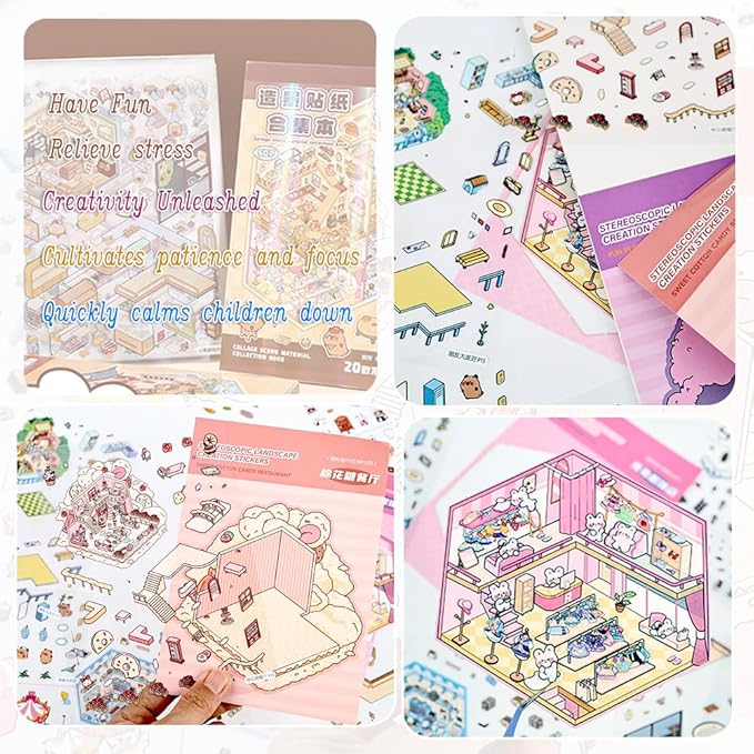 20 Sets DIY 3D Sticker Scenes for Adults Relief Stress, Cute Kawaii 3D House Sticker Therapy for Women Teen Girls Kids Pass The Time, Make Your Own Mini Room Scene Collection Book with Tweezer-CubbioJoy