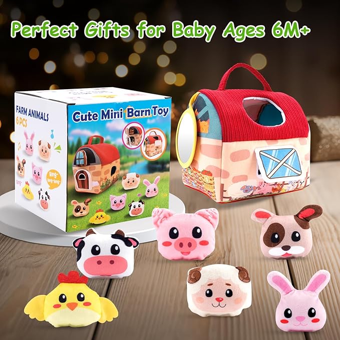 Baby Toys 6-12 Months, Soft Barn Toy with 6 Stuffed Farm Animals, Rattle, Crinkle, Mirror, Sensory Toys for Toddlers 1-3, 6 7 8 9 10 Month Old Baby Toys, Montessori Toys Gift for 1 Year Old Boy Girl-CubbioJoy