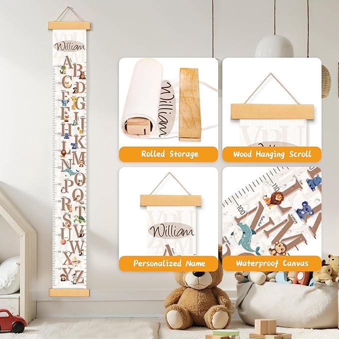 Customize Name Growth Chart Wall, Cute Letters Canvas Height Chart for Kids, Height Indicator Tape Ruler Growth Chart Decor, Toddler Room Decoration, Baby Measuring Board-CubbioJoy