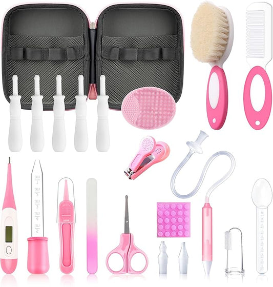 Baby Healthcare and Grooming Kit, 21 in 1 Portable Baby Essentials Kit with Gas Relief Hair Brush Comb Nasal Aspirator for Newborn Boys Girls (Pink)-CubbioJoy