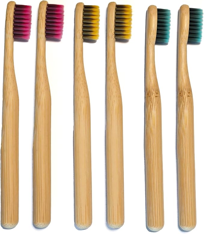 Children Bamboo Toothbrushes for 3 y+ Tots, BPA Free Bristles, Medium Soft, 6 PCS Bamboo Toothbrush for Dental Hygiene, Compostable and Sustainable, Classic Rounded Handle for Easy Grip-CubbioJoy