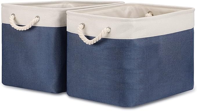 Bidtakay Fabric Storage Baskets with Handles for Organizing 16" x 11.8" x 11.8" Navy Blue Baskets [2-Pack] Shelf Baskets Large Canvas Collapsible Bins for Closet (White&Blue)-CubbioJoy