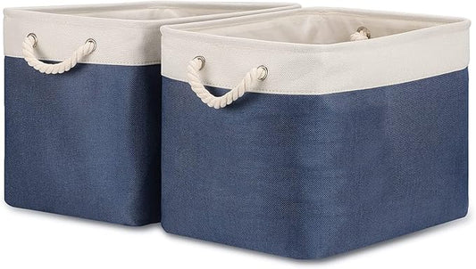 Bidtakay Fabric Storage Baskets with Handles for Organizing 16" x 11.8" x 11.8" Navy Blue Baskets [2-Pack] Shelf Baskets Large Canvas Collapsible Bins for Closet (White&Blue)-CubbioJoy