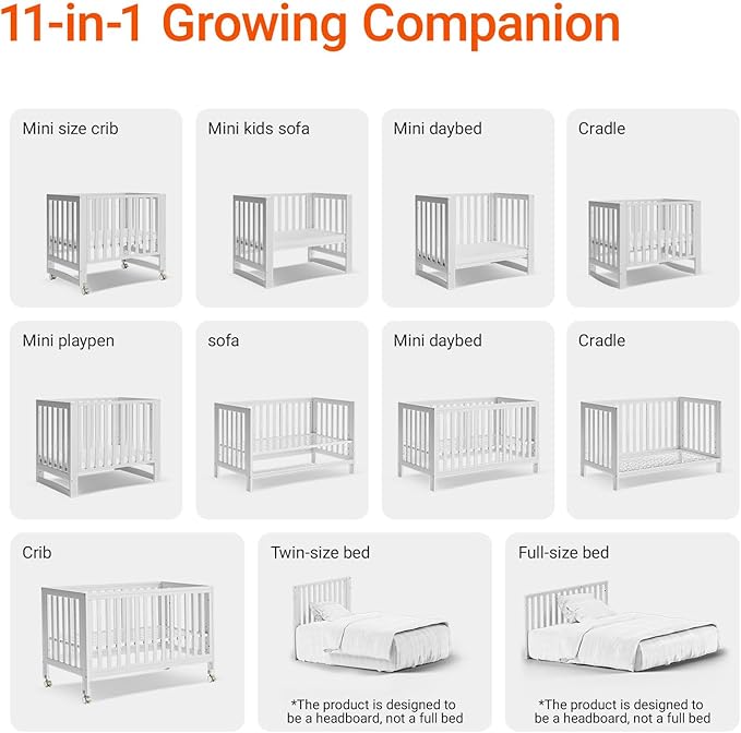 EvoNest Baby Crib, 11 in 1 Convertible Mini Crib with Wheels, 100% New Zealand Wood Growing Bed, 4 Adjustable Mattress Height,White-CubbioJoy
