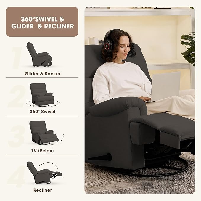 Dark Grey Glider Rocker Recliner,Swivel Rocking Recliner Chair,Glider Rocking Chair,Reclining Sofa Rocking Chair Nursery,23 Inches Deep Seat & 27 inches High Back,for Living Room-CubbioJoy