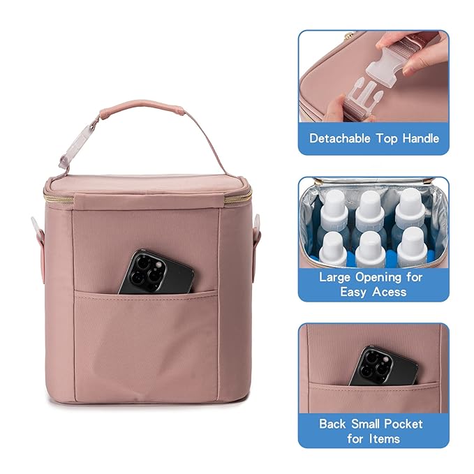 Breast Milk Cooler Bag with Ice Pack Fits 6 Baby Bottles Up to 9 Ounce, Baby Bottle Bag with Shoulder Strap for Nursing Mom Daycare, Pink-CubbioJoy