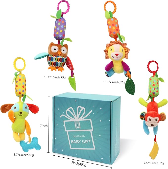 BLOOBLOOMAX Baby Soft Hanging Rattle, Car Seat Stroller Toys with Plush Animal C-Clip Ring for Infant Babies Boys and Girls 3 6 9 to 12 Months (4pcs)-CubbioJoy