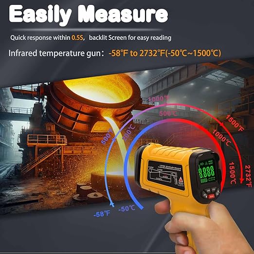 Infrared Thermometer High Temperature Gun -58℉~2732℉, 50:1 Distance Ratio, Digital Laser IR Temp Gun for Cooking, Pizza Oven, Engine, Kilns, Forges, Industry, and Home Repair.-CubbioJoy