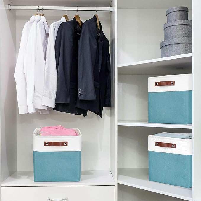 Collapsible Fabric Storage Cubes 11x11 Cube Storage Bins, 4 Pack Closet Baskets Box with Handles for Organizing, Shelf, Toys, Clothes, Home, Office, Nursery (Teal&White)-CubbioJoy