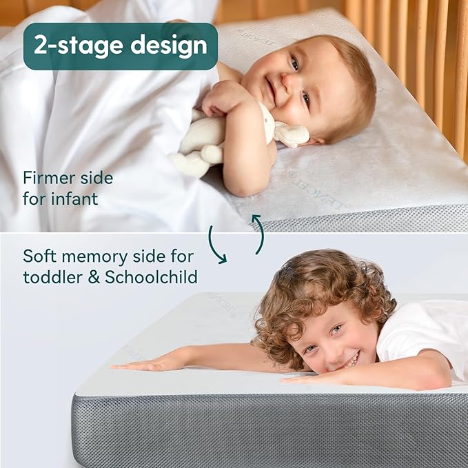 BABELIO Premium Memory Foam Crib Mattresses, 2-Stage, with Waterproof Lining & Removable Cover, for Standard Toddler Bed White and Grey-CubbioJoy