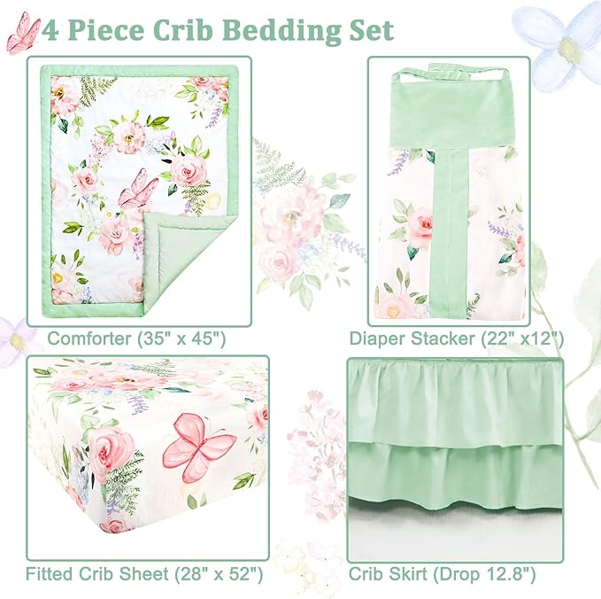 4-Piece Crib Bedding Set, Baby Girl Crib Bedding Set Butterflies Floral Nursery Bedding Set Includes Comforter, Fitted Crib Sheet, Crib Skirt, and Diaper Stacker, Green & Pink-CubbioJoy