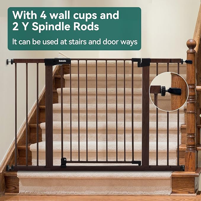 BABELIO Baby Gate with Black Wood Pattern, 29-48 Inch Auto Close Dog Gate for The House, Stairs and Doorways, Pressure Mounted Pet Gate with Door and Y Spindle Rods-CubbioJoy