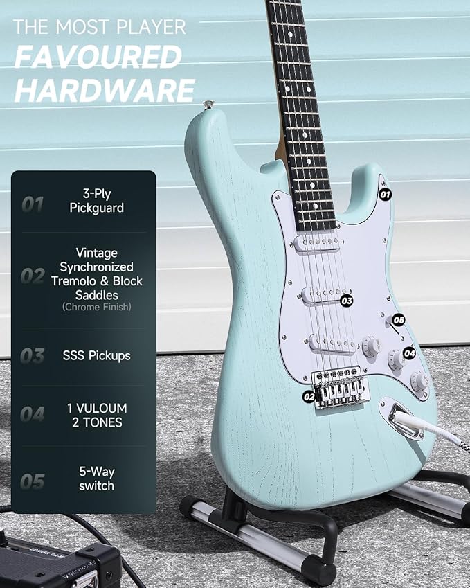 DONNER DST-80 Electric Guitar 39” Beginner Electric Guitar Kit with Amp, Classic SSS Pickup Complete with Gig Bag, Tuner, Capo, Strap, Picks, and Free Online Lessons-CubbioJoy