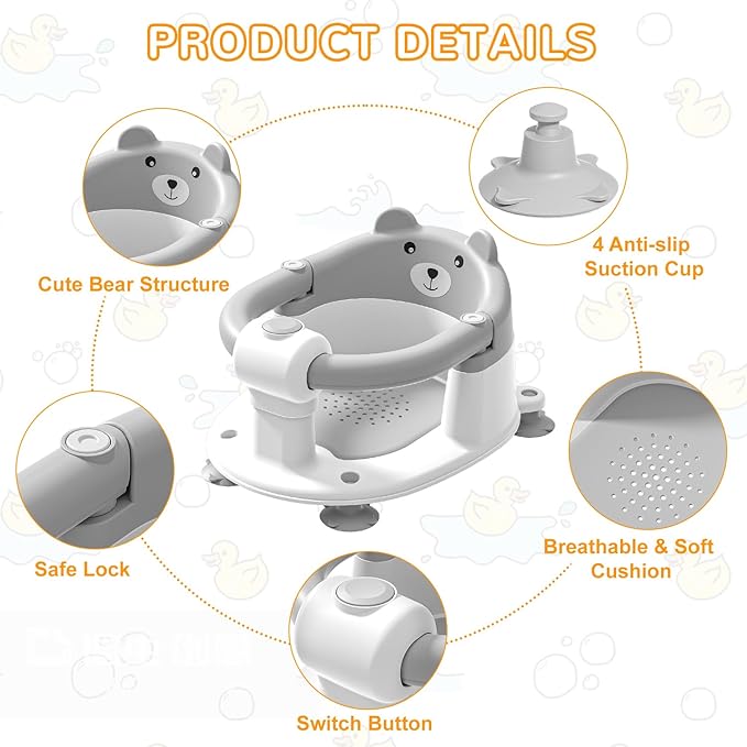 Baby Bath Seat for Babies 6 Months & up, Non-Slip Toddler Bath Seats for Babies Sitting Up, Safe Infant & Newborn Bathtub Chair with 4 Suction Cups & Soft Cushion for Shower,Gray-CubbioJoy