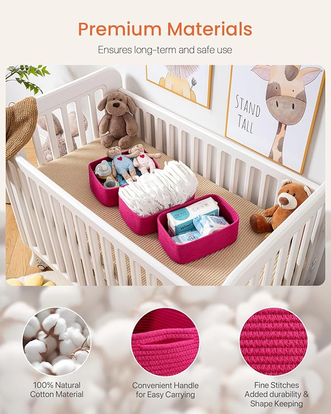 KALLAX Small Woven Basket, 12 x 8 x 4.5 Inches, Storage Basket for Organizing, Cute Small Rope Shelf Closet Cube Storage Bins Baskets for Shelves, Dog Toy Gift Baskets Empty, 3 Packs, Hot Pink-CubbioJoy