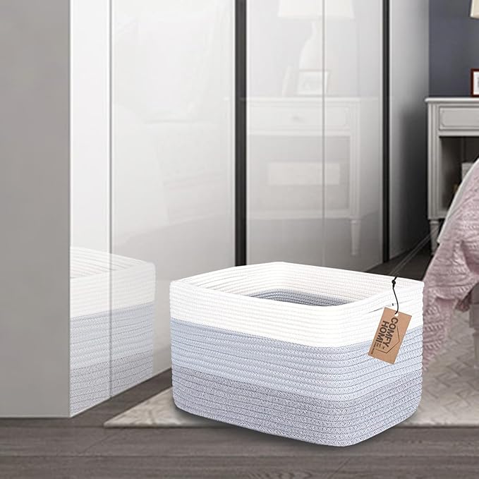 COMFY-HOMI Cotton Rope Woven Basket with Handles for Shelves,Toys,Book, Cloth Storage Baskets Bin for Organizing-13.5"x11"x9.5" Toy Decorative Organizer for Living Room, Bathroom-White/3Tone Grey-CubbioJoy