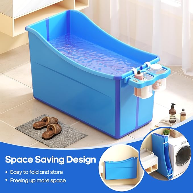 Collapsible Baby Bathtub Foldable Bathtub for Toddler Portable Large Foldable Bath Tub Bathtub for Kids Petite with Thermometer and Storage Basket (Blue)-CubbioJoy