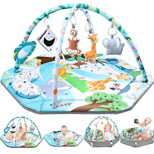 Baby Gym Play Mat, 8-in-1 Tummy Time Mat & Ball Pit with 6 Toys, Washable Baby Activity Play Mat for Visual, Hearing, Sensory, Motor Development, Baby Toys Gift for Toddler Infant 0-3-6-9-12 Months-CubbioJoy