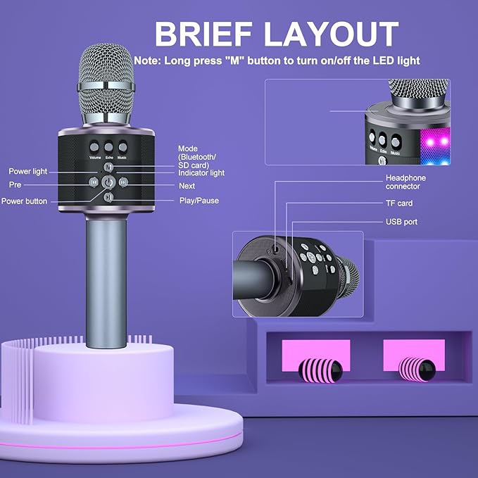 BONAOK Karaoke Microphone for Kids & Adults - Bluetooth Microphones Singing Mic with Disco Lights, Echo Effect, Built-in Speaker Portable Karaoke Player for Party Travel Gifts Q78(Space Gary)-CubbioJoy