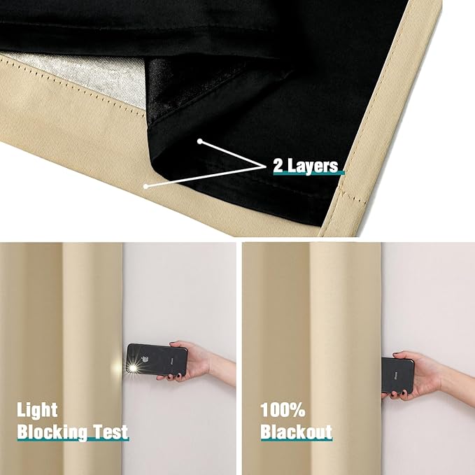 ChrisDowa 100% Blackout Curtains 102 inch Long for Bedroom with Black Liner, 2 Thick Layers Total Blackout Thermal Insulated Grommet Window Curtains 2 Panels Set (Beige, 52 x 102 Inch)-CubbioJoy