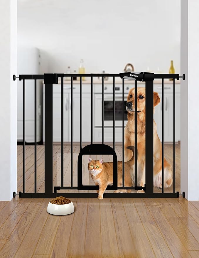 Babelio Upgraded Baby Gate with Cat Door, 29-43" Auto Close Durable Dog Gate for Stairs, Doorways and House, Easy Walk Thru Safety Gate with Pet Door Includes 4 Wall Cups, Black-CubbioJoy