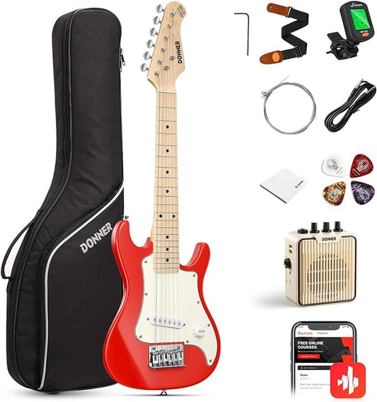 Donner 30 Inch Kids Electric Guitar Beginner Kits ST Style Mini Electric Guitar for Boys Girls with Amp, 600D Bag, Tuner, Picks, Cable, Strap, Extra Strings, DSJ-100, Red-CubbioJoy